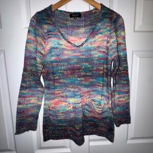 Papillon Multicolor Knit Hoodie Sweater Boho Chunky Pockets Size M